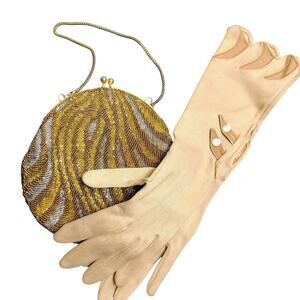 Vintage Beaded Round Evening Bag Handbag Short Gold Tone Metal Round Link Strap
